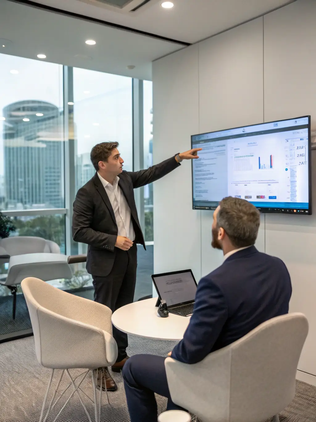 A consultant advising a business team in a modern office setting, representing Enest Solutions' IT consultancy services.