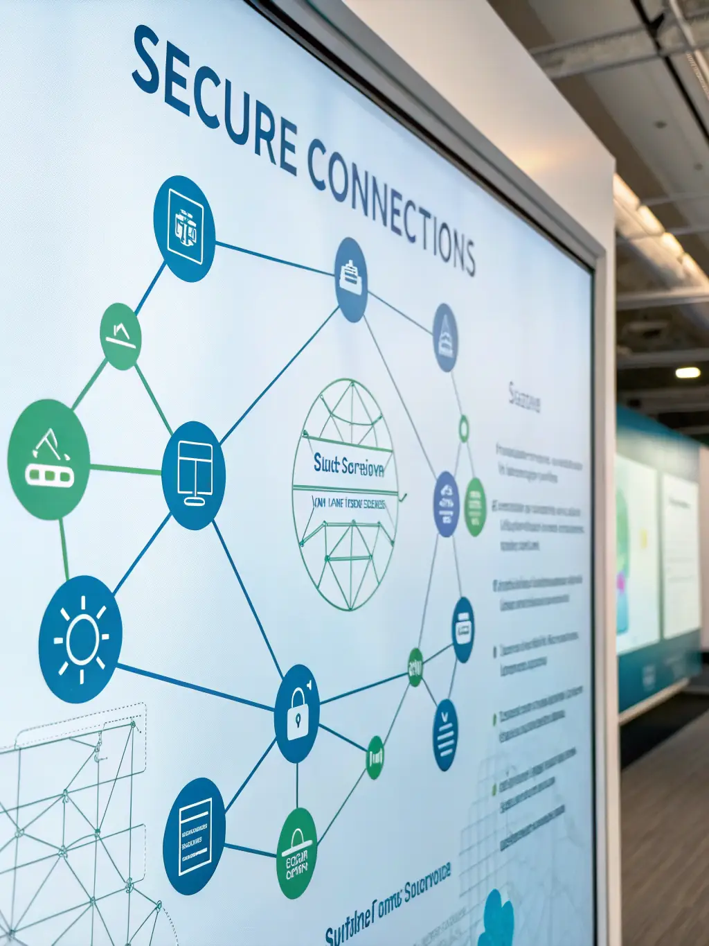 A network diagram showing secure data flow and connected devices, illustrating Enest Solutions' networking and security infrastructure services.
