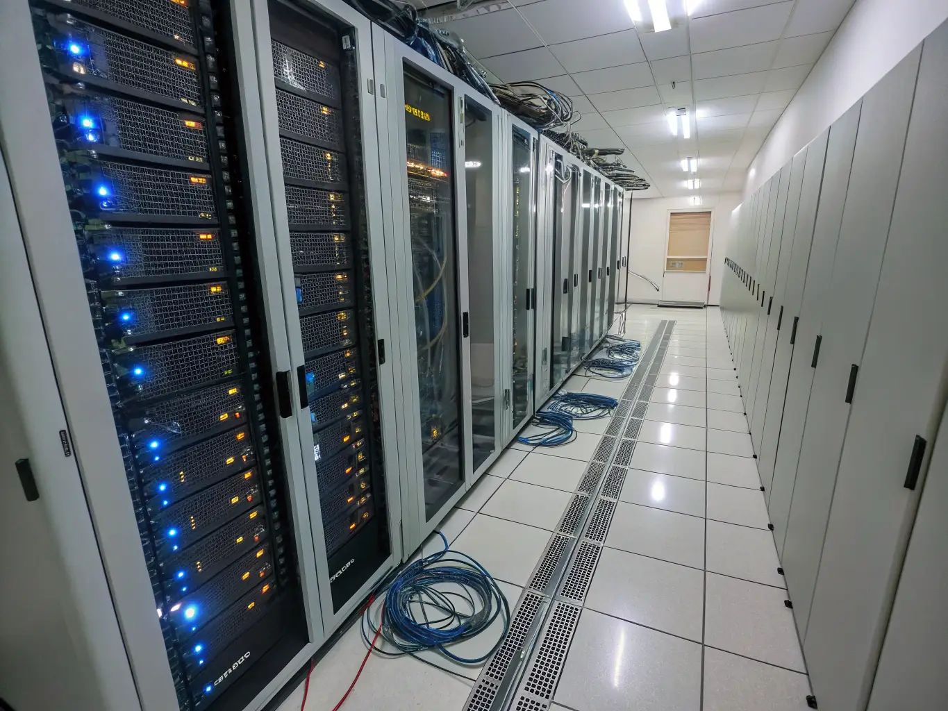 A server room filled with blinking lights and neatly arranged servers, symbolizing robust hardware solutions provided by Enest Solutions Limited.
