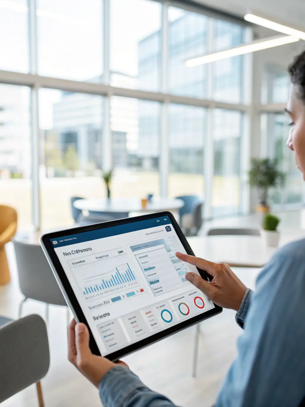 A hand holding a tablet displaying a user-friendly software interface, highlighting Enest Solutions' software and management tools.