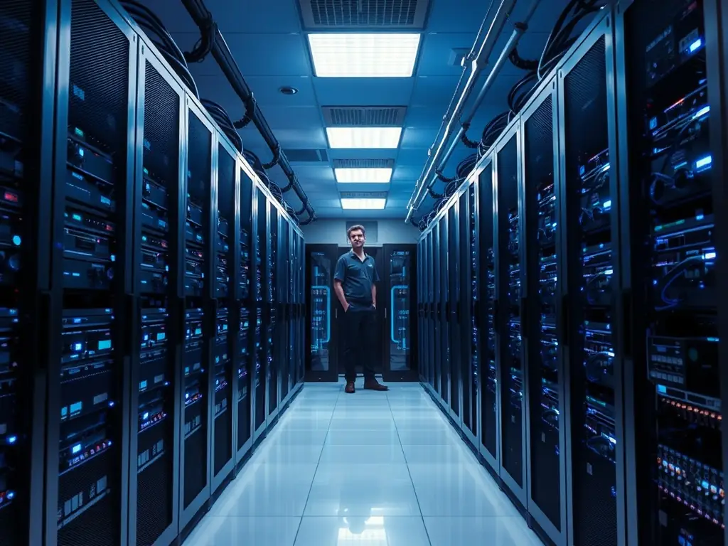 An image depicting a server room with blinking lights and technicians working, symbolizing robust IT infrastructure solutions provided by Enest Solutions.