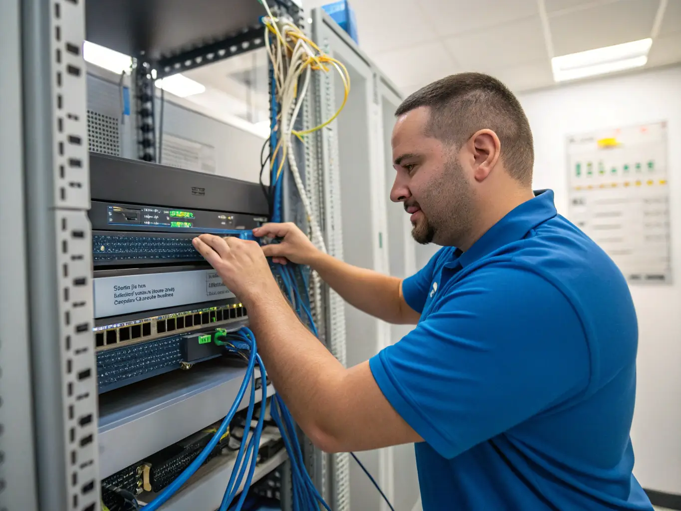 A technician installing a network switch in a server room, highlighting Enest Solutions' expertise in networking and security infrastructure.