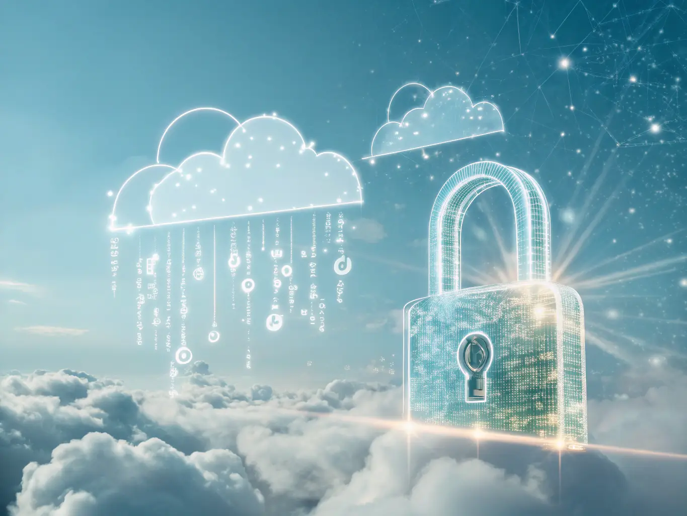 A secure cloud storage icon with a lock, representing the safety and accessibility of data in the cloud.