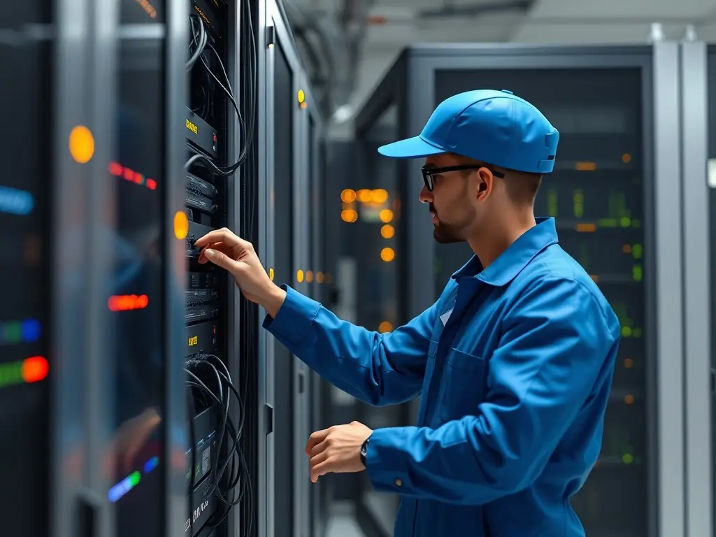 A professional IT technician in a server room performing a routine check on the server hardware, with cables and blinking lights visible in the background, representing preventive maintenance.