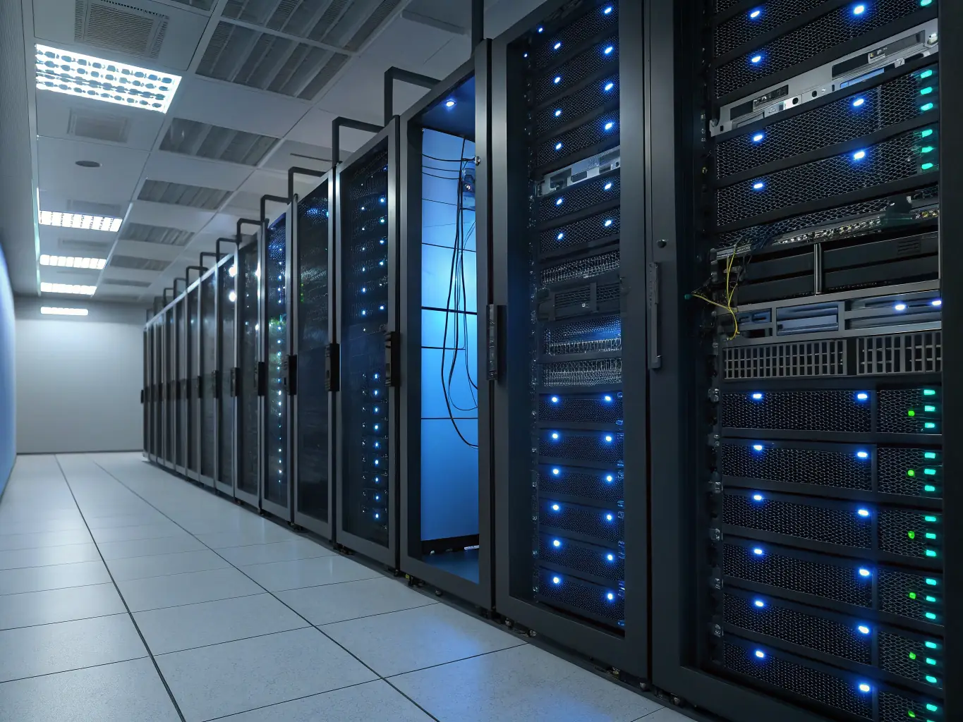A server room with multiple servers and blinking lights, symbolizing data storage and processing, with a focus on security and reliability.