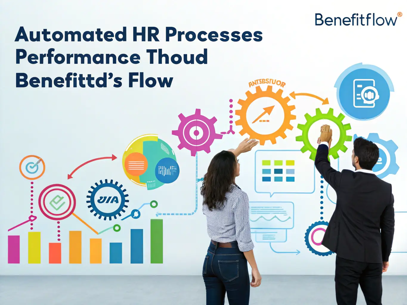 A graphic depicting a full lifecycle HRMS system, showcasing features like employee onboarding, leave management, payroll processing, and performance appraisals.