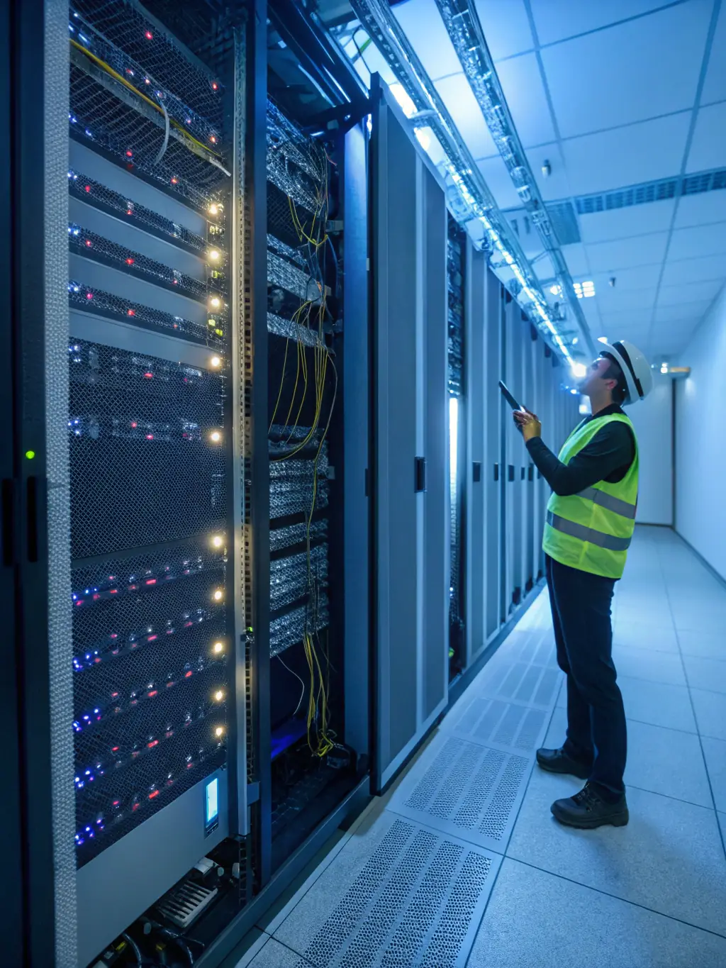An image of a server room with blinking lights and a technician working on the hardware, representing Enest Solutions' expertise in computer and server solutions.