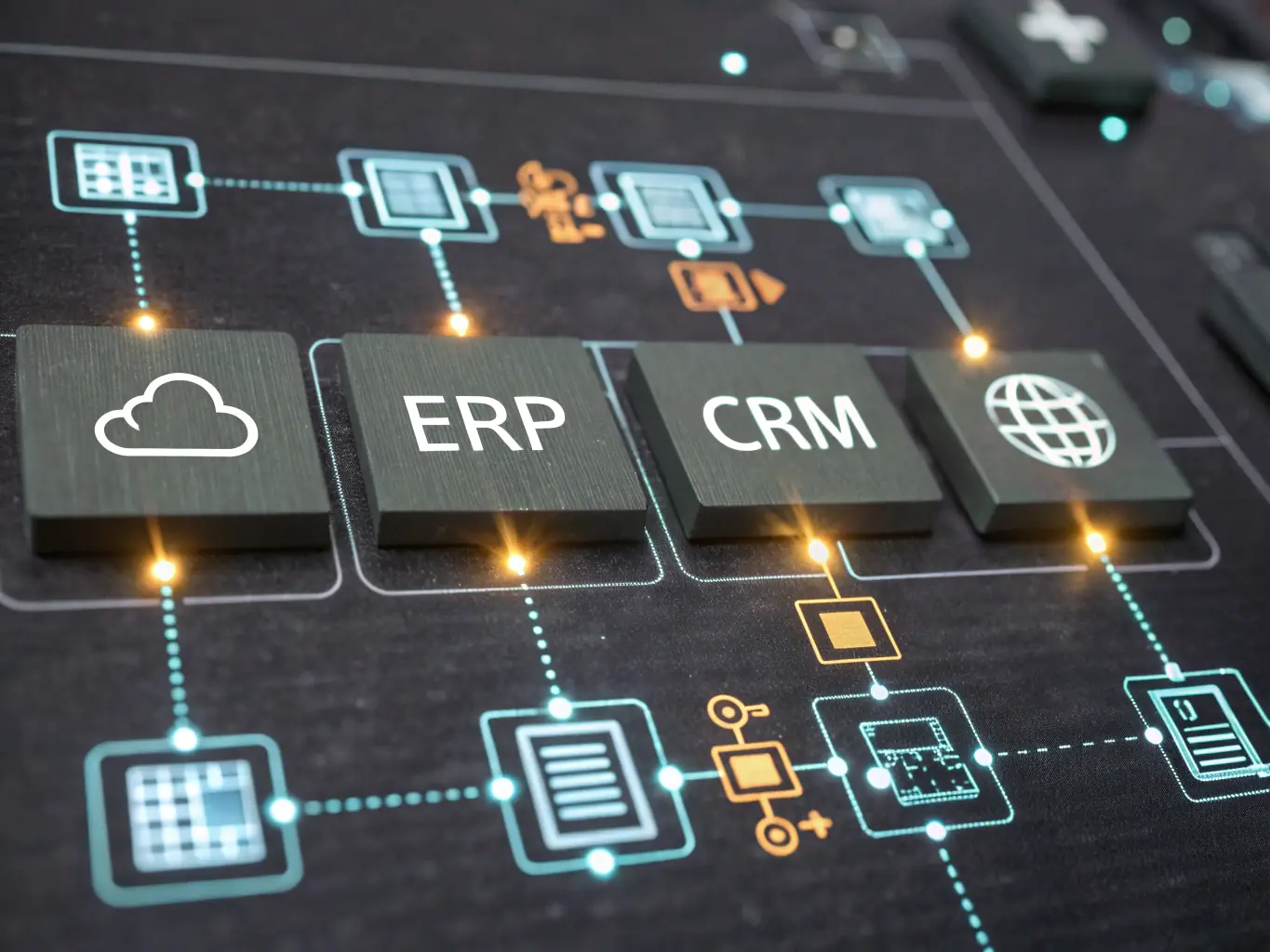 A digital illustration representing data integration, showing various modules like payroll, inventory, sales, and CRM seamlessly connected to a central ERP system.