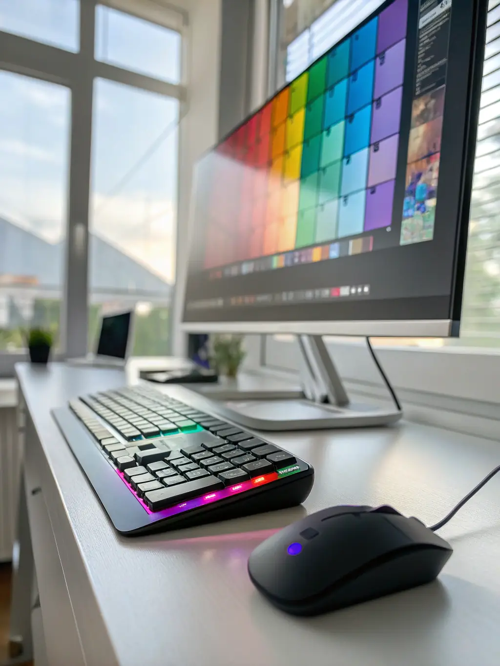 A high-resolution image of a modern, sleek desktop computer setup in an office environment, showcasing its design and functionality.