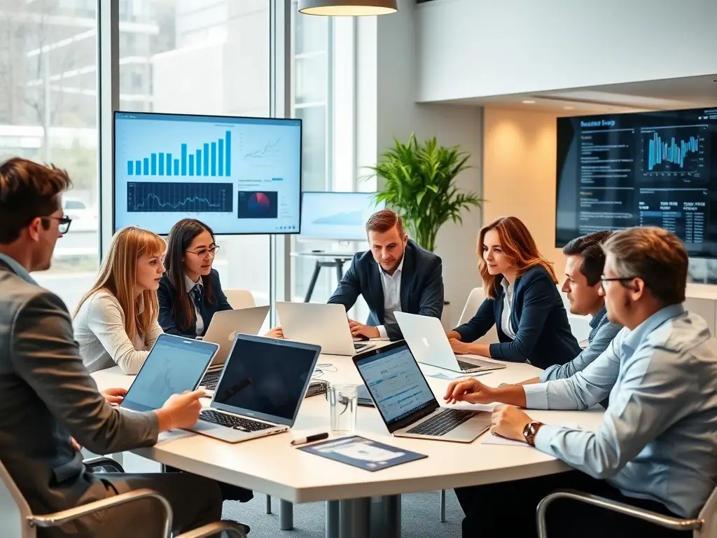A professional team of ERP consultants collaborating on a project, reviewing data on laptops and discussing implementation strategies in a modern office setting.
