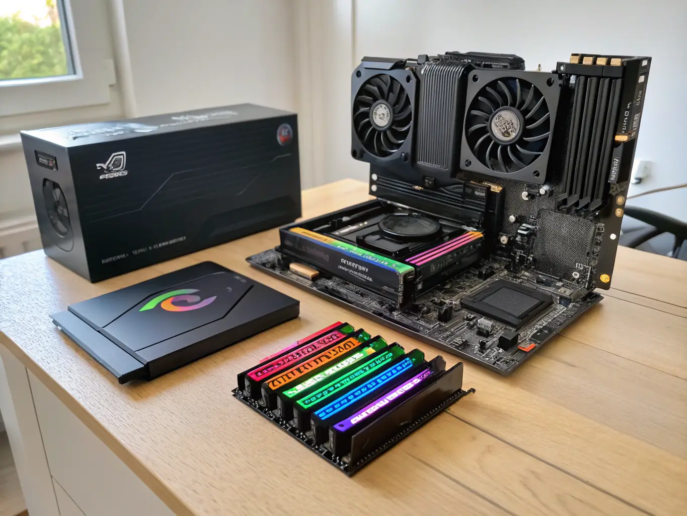A close-up shot of various computer components such as RAM sticks, CPUs, and graphics cards neatly arranged on an anti-static mat, showcasing the breadth of hardware components Enest Solutions offers.