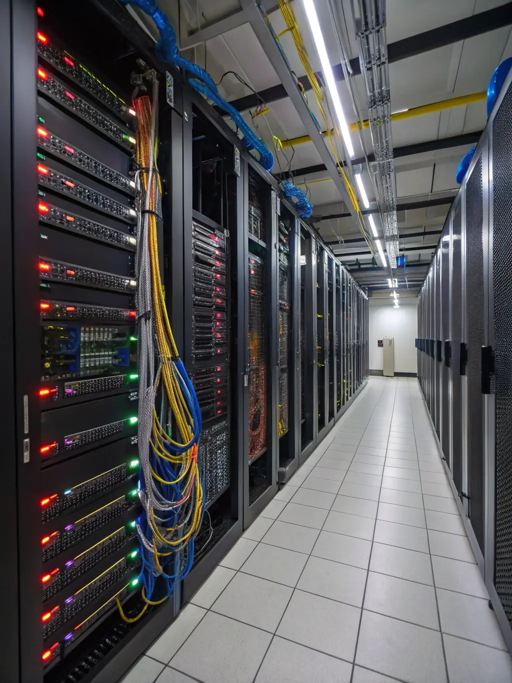 A server room filled with blinking lights and neatly arranged servers, symbolizing Enest Solutions' robust IT infrastructure solutions.